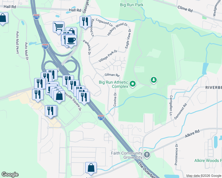 map of restaurants, bars, coffee shops, grocery stores, and more near 1527 Covina Drive in Columbus