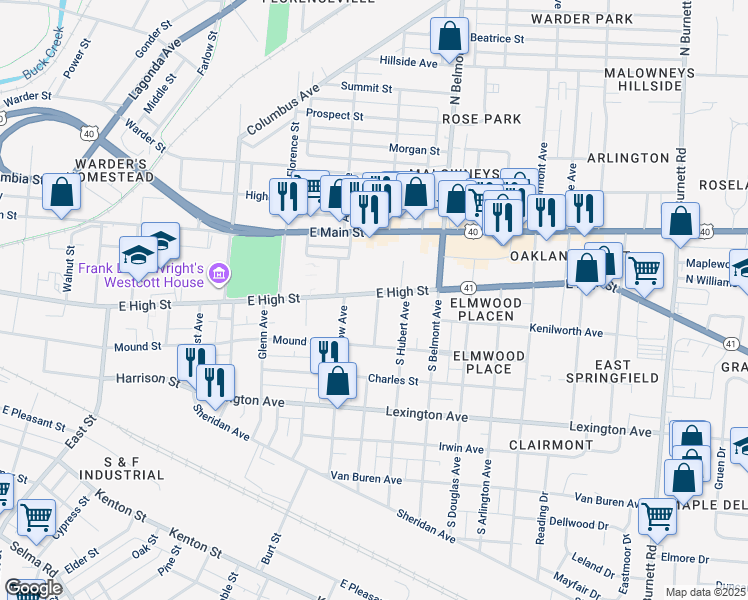 map of restaurants, bars, coffee shops, grocery stores, and more near 1801 East High Street in Springfield