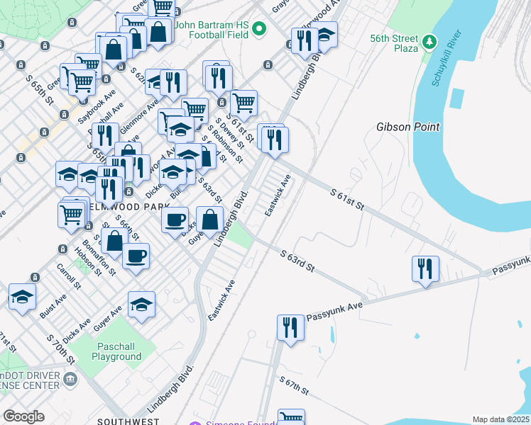 map of restaurants, bars, coffee shops, grocery stores, and more near 2924 South Felton Street in Philadelphia