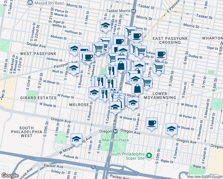 map of restaurants, bars, coffee shops, grocery stores, and more near 2346 South Carlisle Street in Philadelphia