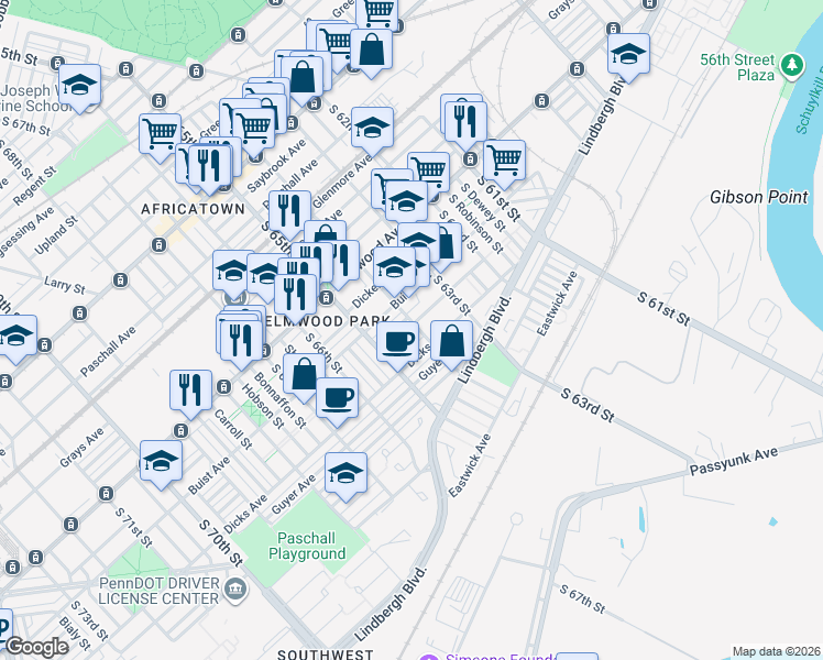 map of restaurants, bars, coffee shops, grocery stores, and more near 6341 Dicks Avenue in Philadelphia