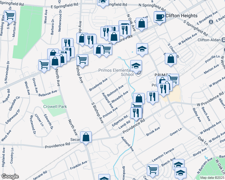 map of restaurants, bars, coffee shops, grocery stores, and more near 1005 Belmont Avenue in Delaware County