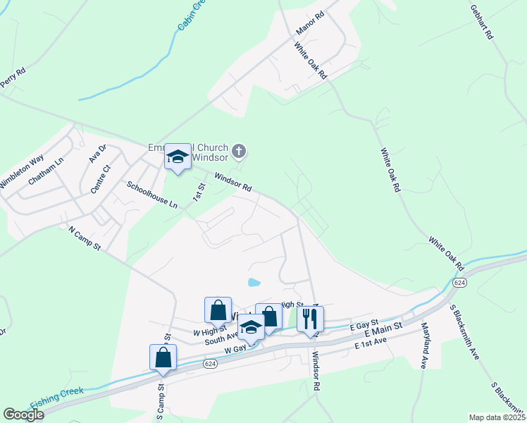 map of restaurants, bars, coffee shops, grocery stores, and more near Little Walnut Court in Windsor