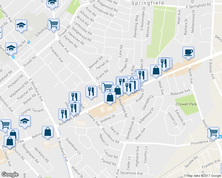 map of restaurants, bars, coffee shops, grocery stores, and more near 523 Lehann Circle in Springfield