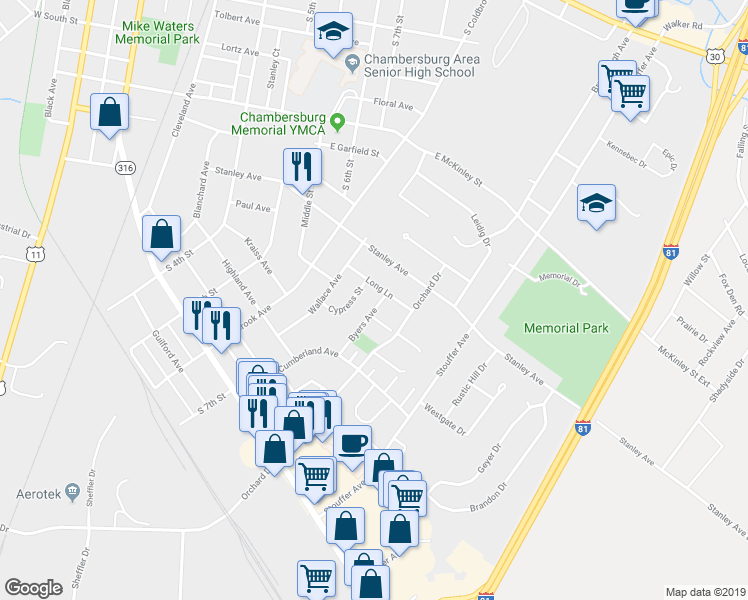 map of restaurants, bars, coffee shops, grocery stores, and more near 911 Byers Avenue in Chambersburg