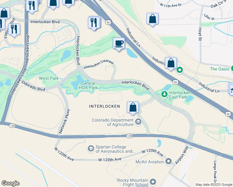map of restaurants, bars, coffee shops, grocery stores, and more near 401 Interlocken Boulevard in Broomfield