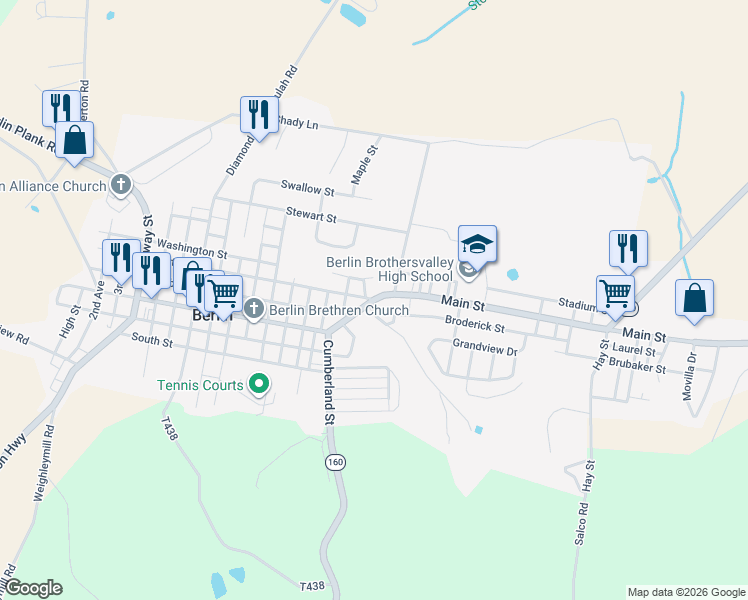 map of restaurants, bars, coffee shops, grocery stores, and more near 820 Main Street in Berlin