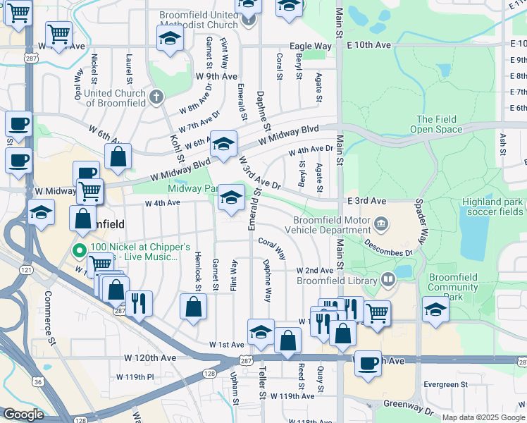 map of restaurants, bars, coffee shops, grocery stores, and more near 295 Agate Way in Broomfield