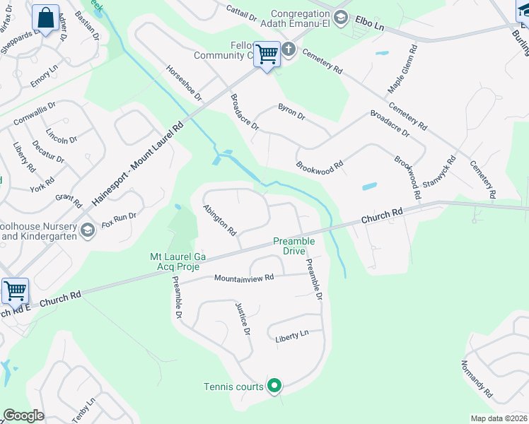 map of restaurants, bars, coffee shops, grocery stores, and more near 10 Abington Road in Mount Laurel Township