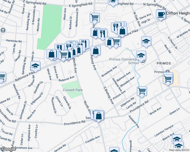 map of restaurants, bars, coffee shops, grocery stores, and more near 164 South Bishop Avenue in Delaware County