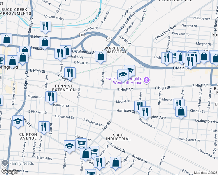 map of restaurants, bars, coffee shops, grocery stores, and more near 928 East High Street in Springfield