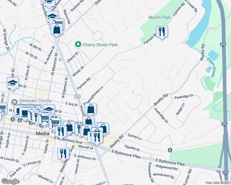 map of restaurants, bars, coffee shops, grocery stores, and more near 204 Hidden Acres Lane in Media