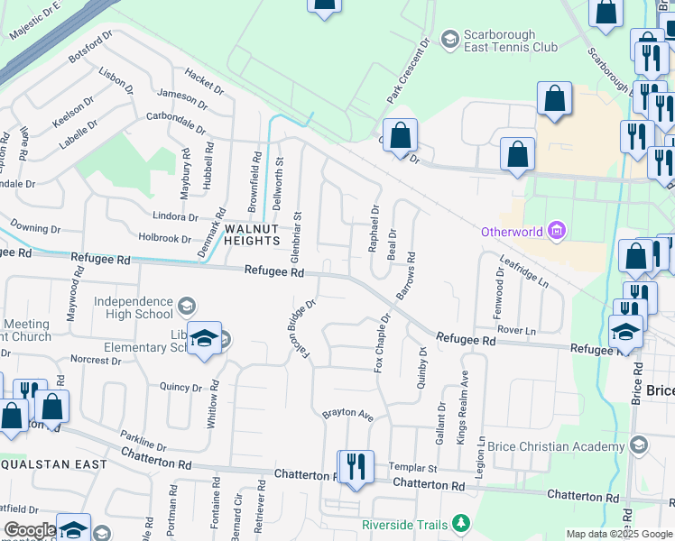 map of restaurants, bars, coffee shops, grocery stores, and more near 5380 Refugee Road in Columbus