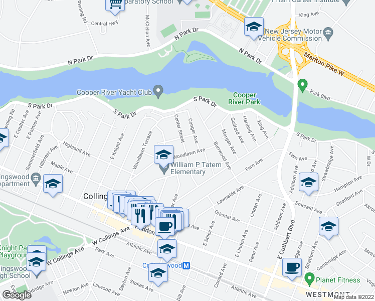 map of restaurants, bars, coffee shops, grocery stores, and more near 501 Woodlawn Avenue in Collingswood