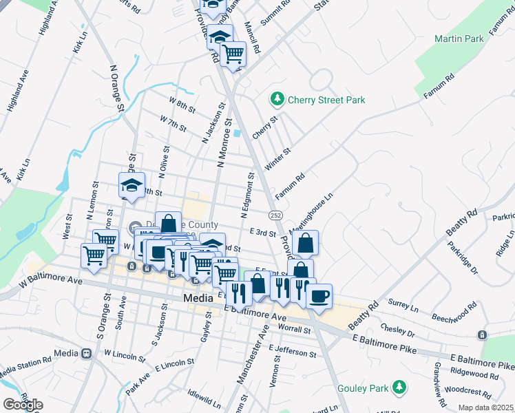 map of restaurants, bars, coffee shops, grocery stores, and more near 217 East 4th Street in Media