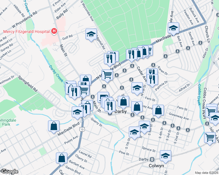 map of restaurants, bars, coffee shops, grocery stores, and more near 929 Ridge Avenue in Darby