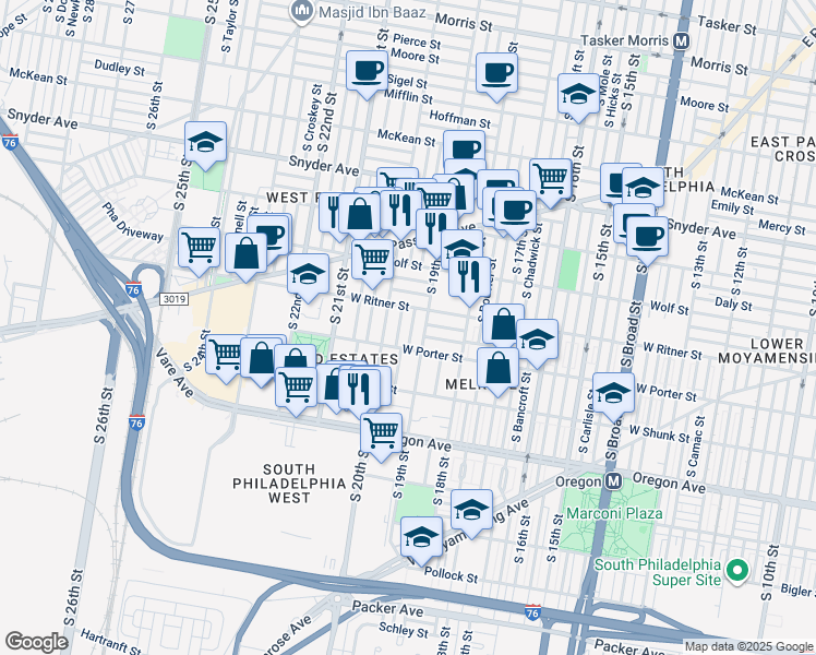 map of restaurants, bars, coffee shops, grocery stores, and more near 2426 South Garnet Street in Philadelphia