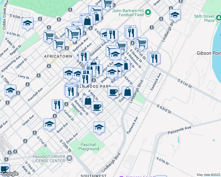 map of restaurants, bars, coffee shops, grocery stores, and more near 6425 Garman Street in Philadelphia