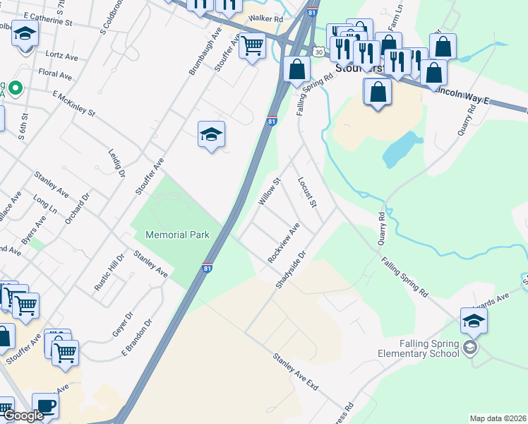 map of restaurants, bars, coffee shops, grocery stores, and more near 1216 Paul Mar Drive in Chambersburg