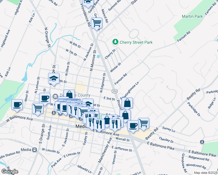 map of restaurants, bars, coffee shops, grocery stores, and more near 217 East 4th Street in Media