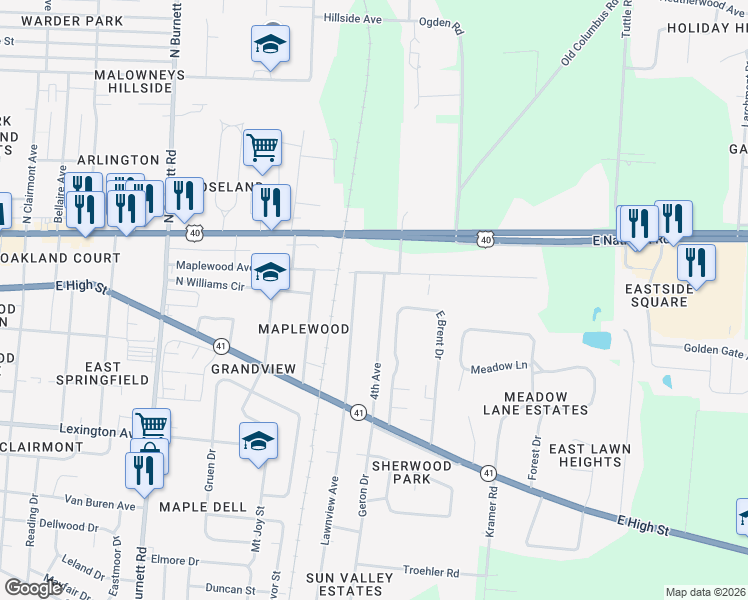 map of restaurants, bars, coffee shops, grocery stores, and more near 124 4th Avenue in Springfield