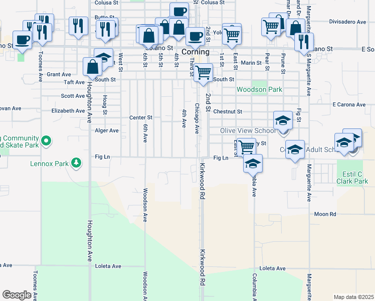 map of restaurants, bars, coffee shops, grocery stores, and more near 1537 4th Avenue in Corning