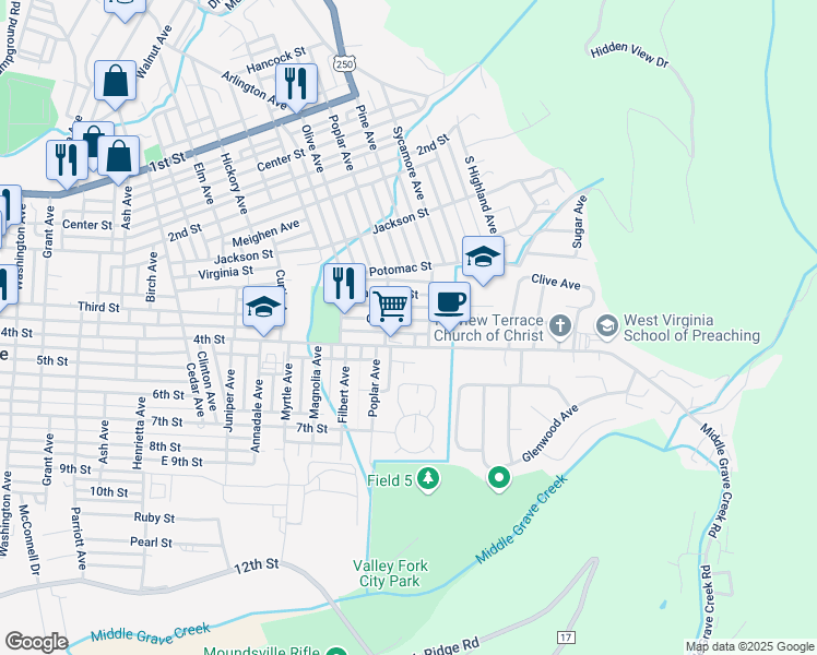 map of restaurants, bars, coffee shops, grocery stores, and more near 2411 Ohio Street in Moundsville