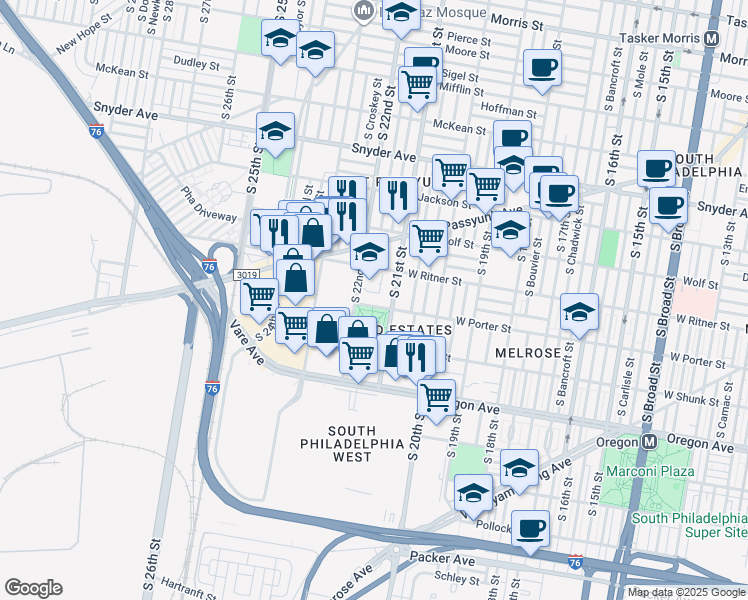 map of restaurants, bars, coffee shops, grocery stores, and more near 2117 West Porter Street in Philadelphia