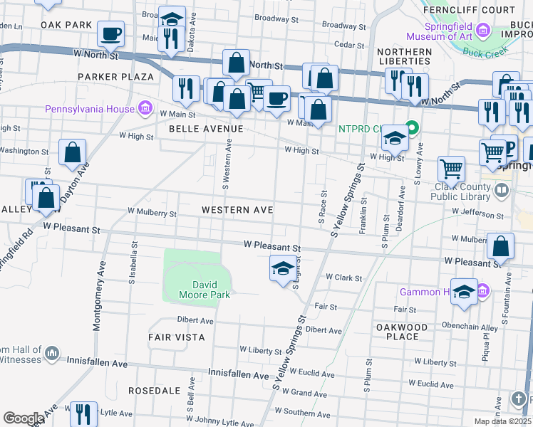 map of restaurants, bars, coffee shops, grocery stores, and more near 826 West Mulberry Street in Springfield