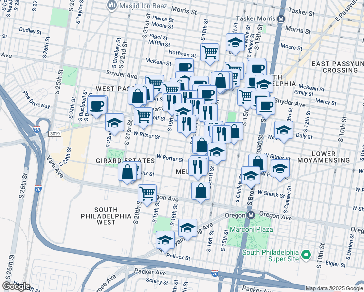 map of restaurants, bars, coffee shops, grocery stores, and more near 1807 Gladstone Street in Philadelphia