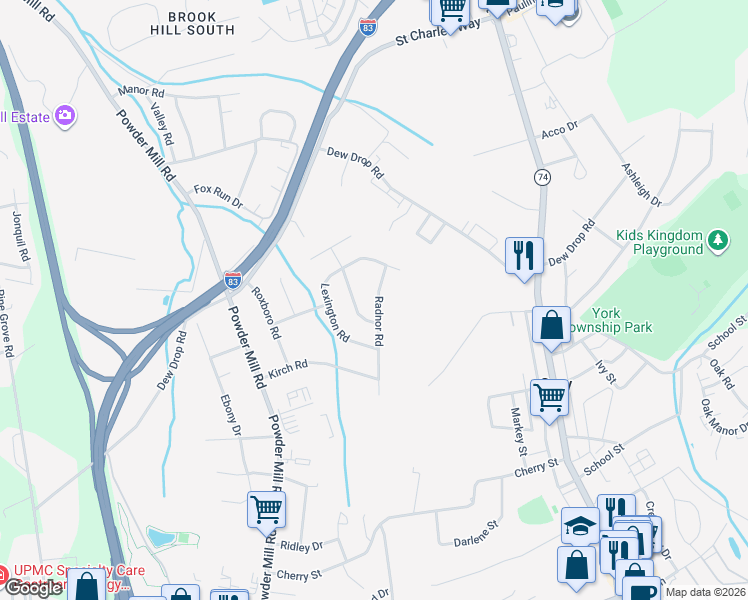 map of restaurants, bars, coffee shops, grocery stores, and more near 105 Buchanan Drive in York