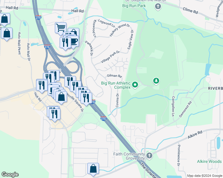 map of restaurants, bars, coffee shops, grocery stores, and more near Parkwick Drive in Columbus