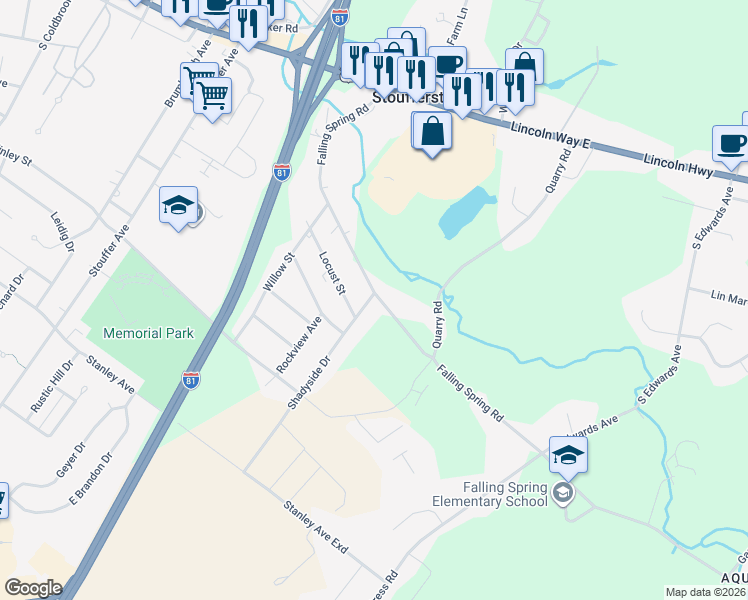 map of restaurants, bars, coffee shops, grocery stores, and more near 480 Falling Spring Road in Chambersburg