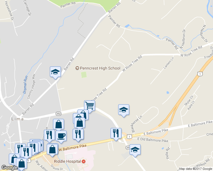map of restaurants, bars, coffee shops, grocery stores, and more near 741 West Rose Tree Road in Media