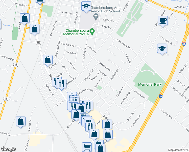 map of restaurants, bars, coffee shops, grocery stores, and more near 925 Cypress Street in Chambersburg