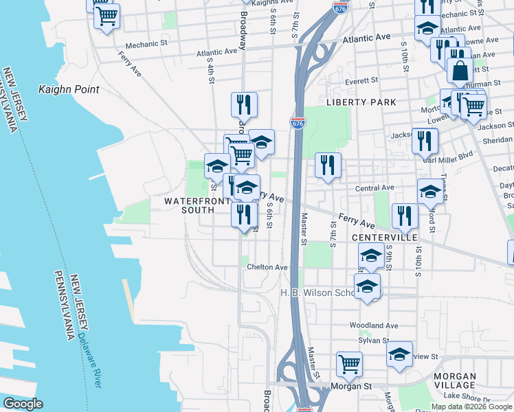 map of restaurants, bars, coffee shops, grocery stores, and more near 559 Viola Street in Camden