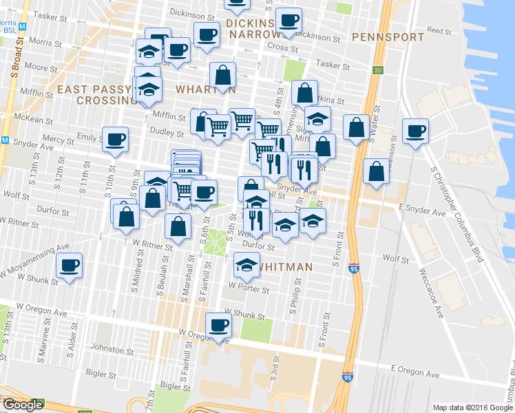 map of restaurants, bars, coffee shops, grocery stores, and more near 424 Jackson Street in Philadelphia