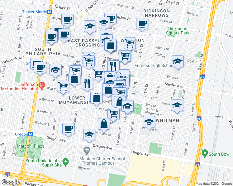 map of restaurants, bars, coffee shops, grocery stores, and more near 709 Daly Street in Philadelphia