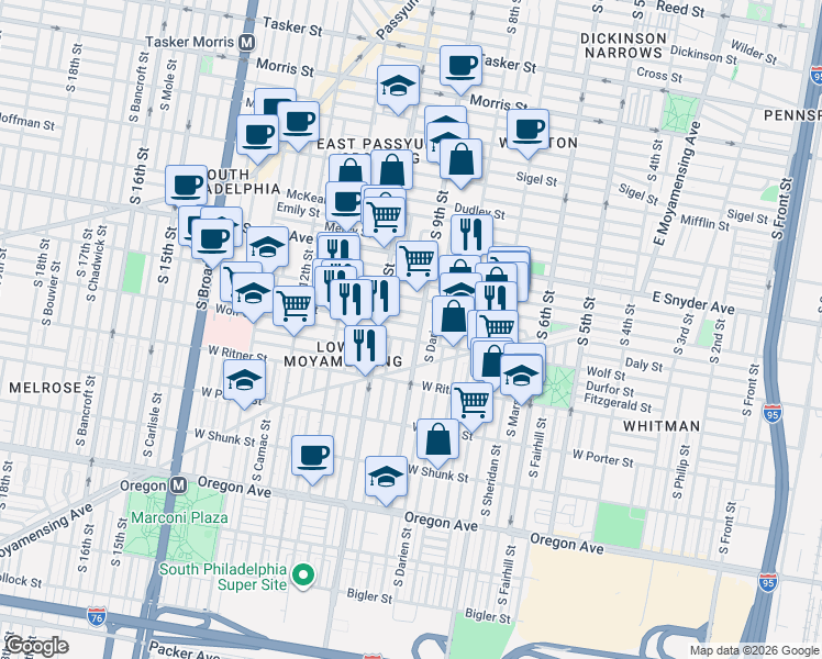 map of restaurants, bars, coffee shops, grocery stores, and more near 2248 South 9th Street in Philadelphia