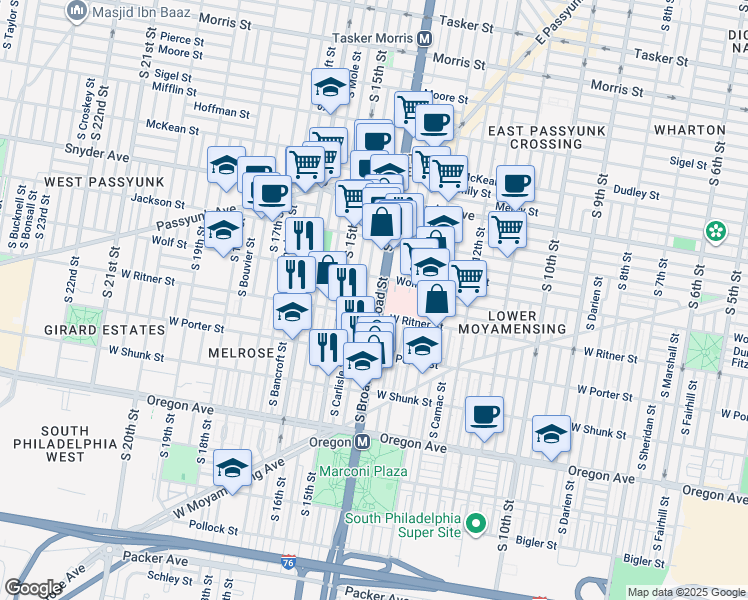 map of restaurants, bars, coffee shops, grocery stores, and more near in Philadelphia