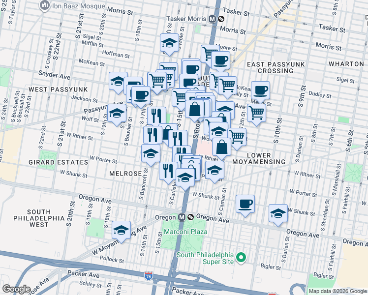 map of restaurants, bars, coffee shops, grocery stores, and more near in Philadelphia