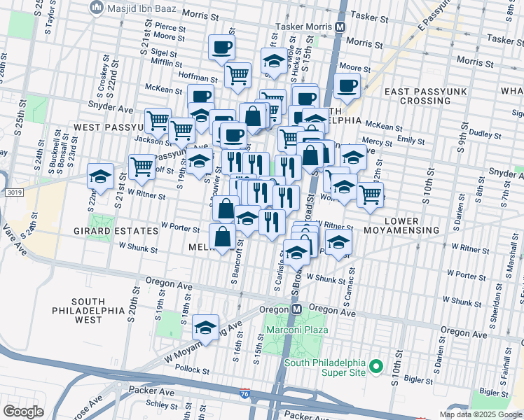 map of restaurants, bars, coffee shops, grocery stores, and more near 1602 West Ritner Street in Philadelphia