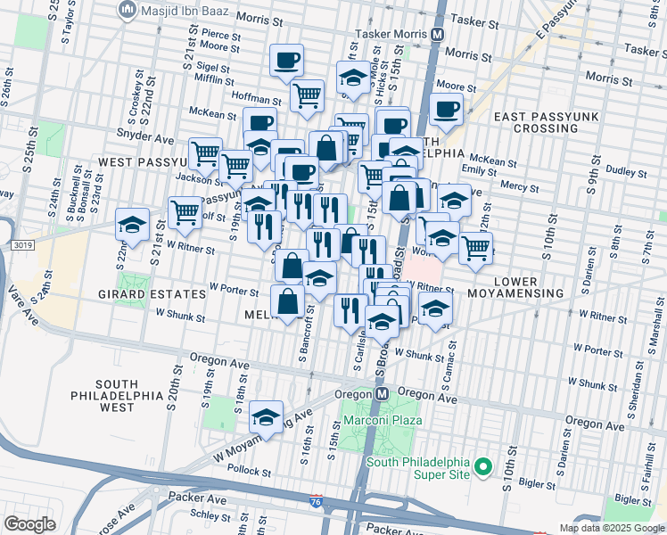 map of restaurants, bars, coffee shops, grocery stores, and more near 1602 West Ritner Street in Philadelphia