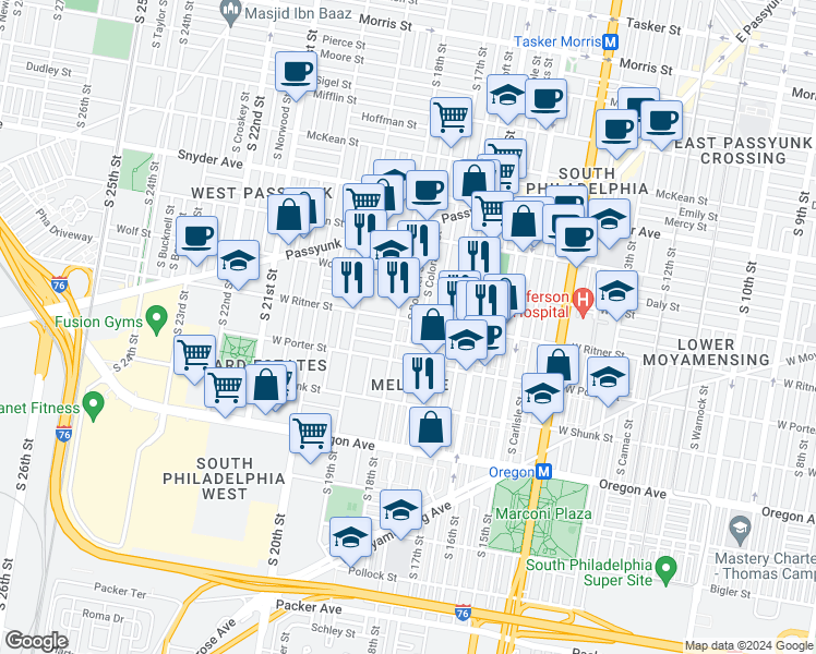 map of restaurants, bars, coffee shops, grocery stores, and more near in Philadelphia
