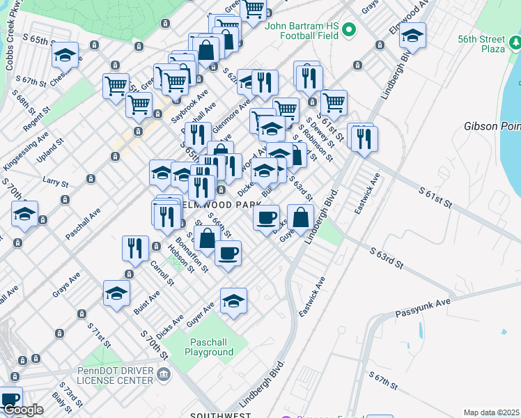 map of restaurants, bars, coffee shops, grocery stores, and more near 6431 Garman Street in Philadelphia