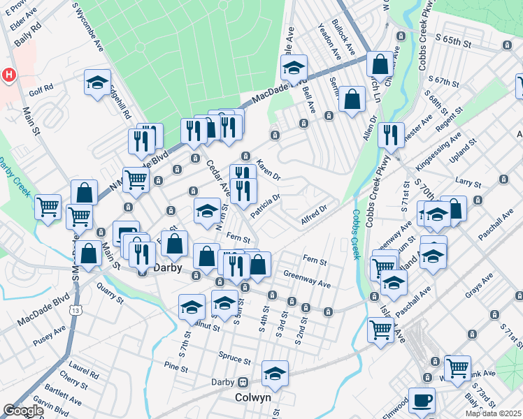 map of restaurants, bars, coffee shops, grocery stores, and more near 1604 Patricia Drive in Yeadon