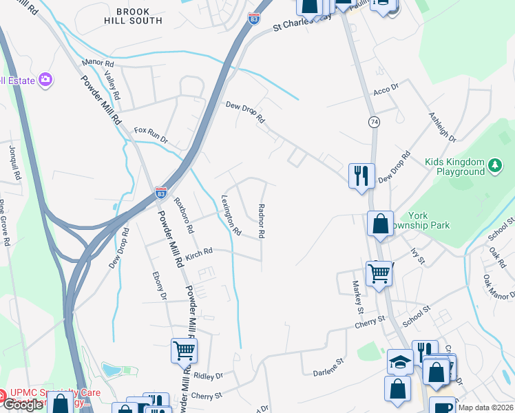 map of restaurants, bars, coffee shops, grocery stores, and more near 105 Buchanan Drive in York