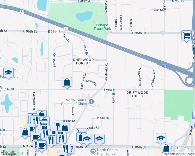 map of restaurants, bars, coffee shops, grocery stores, and more near 1826 Marian Drive in Indianapolis