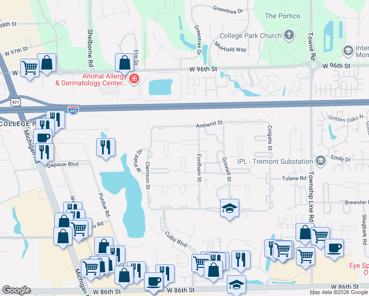 map of restaurants, bars, coffee shops, grocery stores, and more near 3039 Oberlin Court in Indianapolis