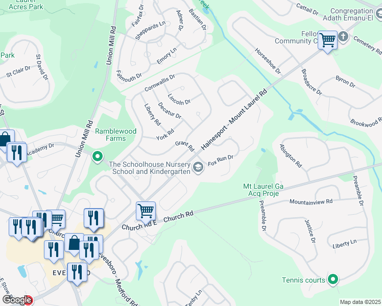 map of restaurants, bars, coffee shops, grocery stores, and more near 56 Fox Run Drive in Mount Laurel Township
